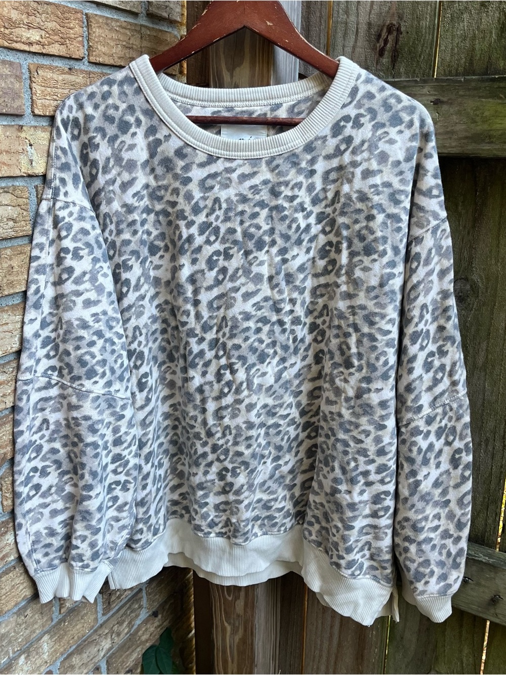 Aerie Oversized Grey & Beige Leopard-Print Pullover Sweatshirt